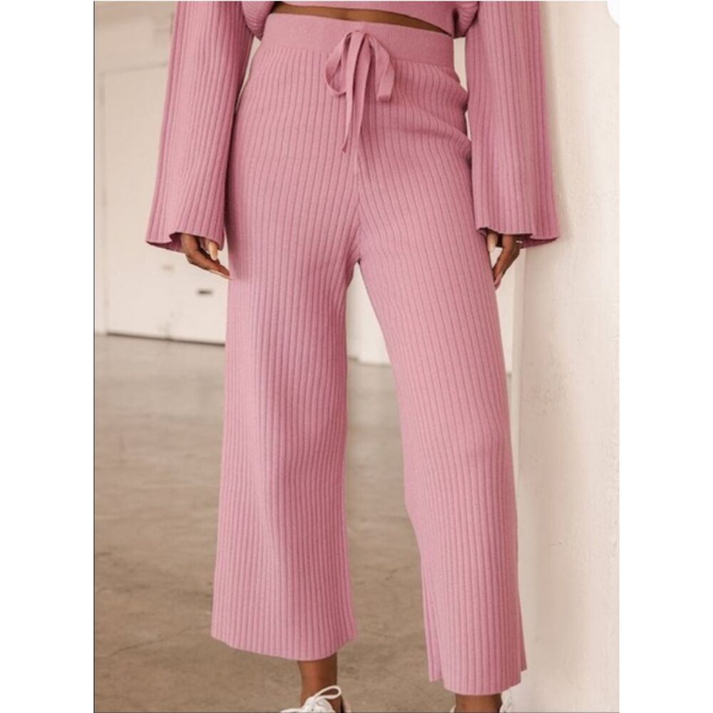 Lulus Snuggly Style Mauve Pink Ribbed Knit Wide-Leg Pants High Waist Sz M